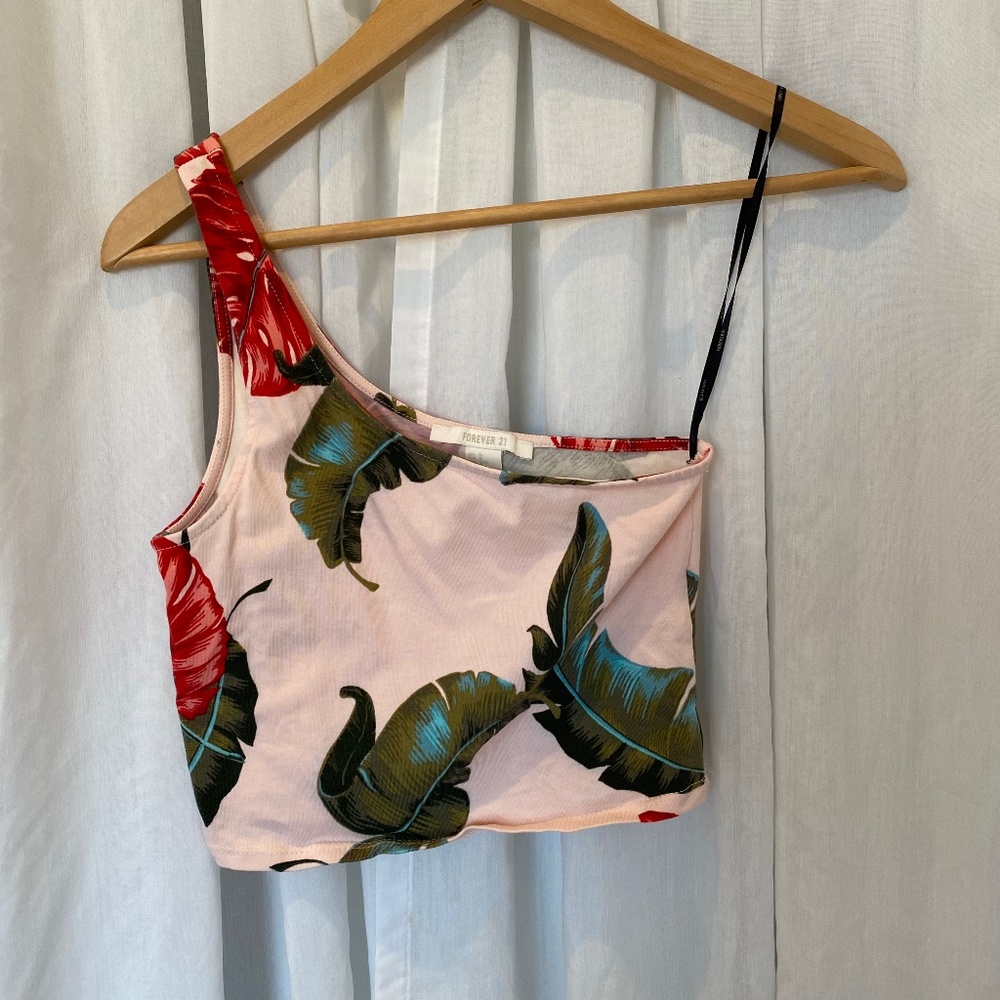 One shoulder crop top tropical print